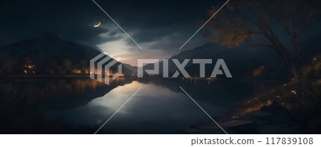 夜晚的月亮、湖泊和城鎮燈光 夜晚的月亮、湖泊和城鎮燈光 117839108
