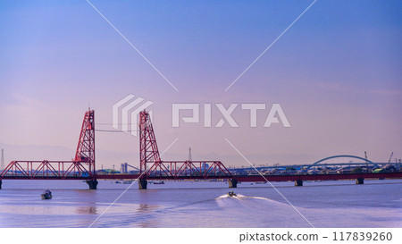 A lift bridge bathed in the morning sun - Chikugo River Lift Bridge, Morotomi, Saga City "The border between Saga and Fukuoka prefectures" 117839260