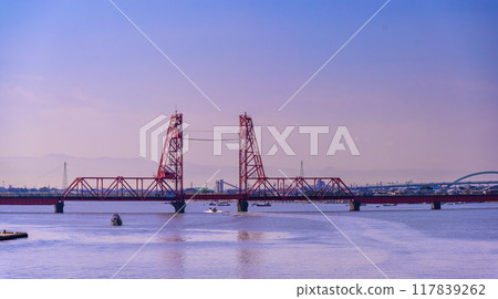 A lift bridge bathed in the morning sun - Chikugo River Lift Bridge, Morotomi, Saga City "The border between Saga and Fukuoka prefectures" 117839262