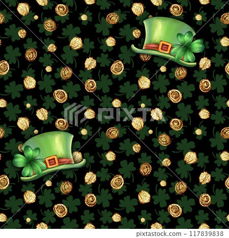 Seamless pattern with clover leaves and Leprechaun hats. Green four leaf clover. St Patrick's day background Seamless pattern with clover leaves and Leprechaun hats. Green four leaf clover. St Patrick's day background 117839838