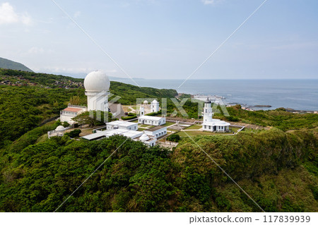 Aerial view of Cape Santiago Lighthouse in New Tapei city, Taiwan 117839939