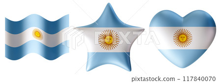Set of Argentina flags in various shapes, isolated on white background. Cut out design elements. Perfect for patriotic themes or national event promotions. Group of symbols. Heart, star. 3D render. 117840070