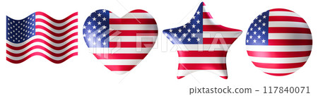 Set of America, USA flags in various shapes, isolated on white background. Cut out design elements. Perfect for patriotic themes or national event promotions. Group of symbols. Heart, star. 3D render. 117840071
