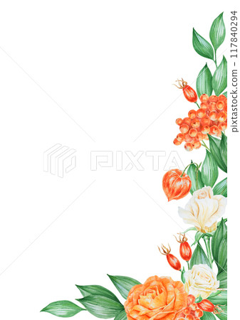 Orange and white roses, physalis, rowan berries and rose hips. Hand drawn watercolor isolated corner frame with fall vegetables, berries and plants for banner template with copy space for text 117840294