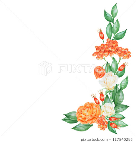 Orange and white roses, physalis, rowan berries and rose hips. Hand drawn watercolor isolated corner frame with fall vegetables, berries and plants for banner template with copy space for text Orange and white roses, physalis, rowan berries and rose hips. Hand drawn watercolor isolated corner frame with fall vegetables, berries and plants for banner template with copy space for text 117840295