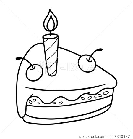Outline piece of birthday cake. Festive dessert with cherries and candle. Line drawing, coloring book. Vector illustration. Kids collection. 117840387