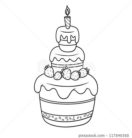 Outline birthday cake. Creamy bakery with strawberries, with drops dripping fruit glaze and festive candle. Line drawing, coloring book. Vector illustration. Kids collection. 117840388