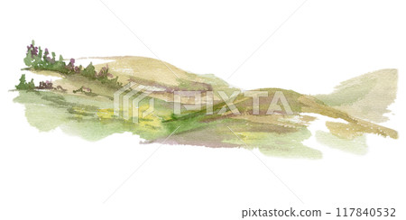 Scenery landscape rolling hills with flowers, meadow field moorland prairie ground. Single isolated element, watercolor hand drawn for tourism, resort ads, hiking camping sites vacation, nature maps. Scenery landscape rolling hills with flowers, meadow field moorland prairie ground. Single isolated element, watercolor hand drawn for tourism, resort ads, hiking camping sites vacation, nature maps. 117840532