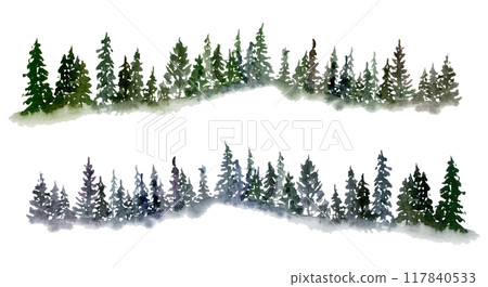 Scenery landscape coniferous forest fir spruce trees, mountains hills alpine vista, cloudy sky hand drawn in watercolor. Single isolated element for tourism, resort ads, hiking camping sites vacation. 117840533