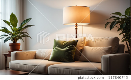 Frontal view of a simple and cozy sofa with a lamp and plants standing next to it in the living room 117840743