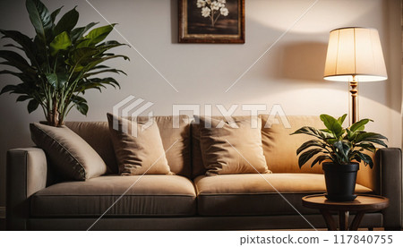 Frontal view of a simple and cozy sofa with a lamp and plants standing next to it in the living room 117840755