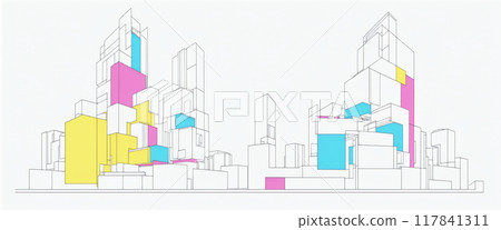 Clear and graphic depiction of a skyline consisting of dark lines and colored areas in an artistic architectural style 117841311
