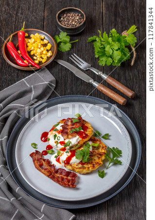 tasty cheese sweet corn pancakes with fried bacon tasty cheese sweet corn pancakes with fried bacon 117841344