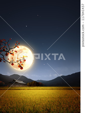 Korean traditional holiday Chuseok thank you banner and Chuseok greeting card background with abundant autumn full moon, tiled house and rice ears Korean traditional holiday Chuseok thank you banner and Chuseok greeting card background with abundant autumn full moon, tiled house and rice ears 117841437