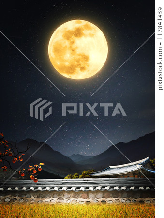 Korean traditional holiday Chuseok thank you banner and Chuseok greeting card background with abundant autumn full moon, tiled house and rice ears 117841439