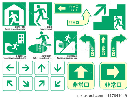 緊急出口標記箭頭疏散現場疏散避難所疏散樓梯災害象形圖標誌插圖集 117841449