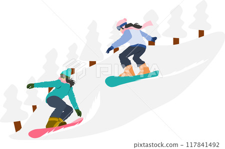 Illustration of a woman snowboarding on a snowy mountain in winter Illustration of a woman snowboarding on a snowy mountain in winter 117841492
