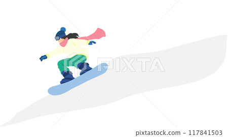 Illustration of a woman snowboarding on a snowy mountain in winter Illustration of a woman snowboarding on a snowy mountain in winter 117841503
