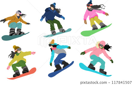 Illustration of a woman snowboarding on a snowy mountain in winter 117841507