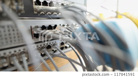 Server switch panel, patch cord connection, close-up Server switch panel, patch cord connection, close-up 117841591