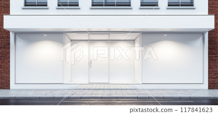 Frontal top view of the front of a modern and bright store in a shopping street of a city 117841623