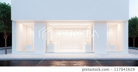 Frontal top view of the front of a modern and bright store in a shopping street of a city 117841629