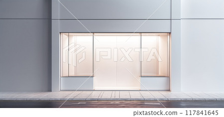 Frontal top view of the front of a modern and bright store in a shopping street of a city 117841645