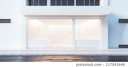 Frontal top view of the front of a modern and bright store in a shopping street of a city 117841646