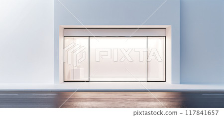 Frontal top view of the front of a modern and bright store in a shopping street of a city Frontal top view of the front of a modern and bright store in a shopping street of a city 117841657