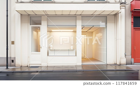 Frontal top view of the front of a modern and bright store in a shopping street of a city 117841659