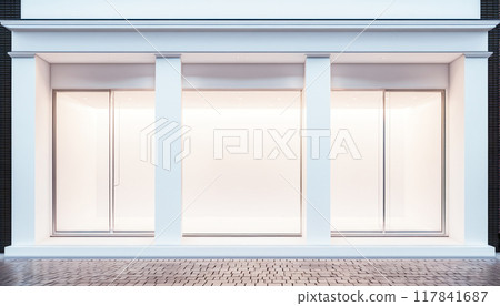 Frontal top view of the front of a modern and bright store in a shopping street of a city 117841687