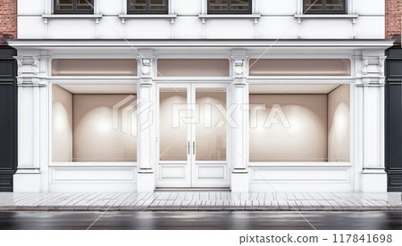 Frontal top view of the front of a modern and bright store in a shopping street of a city 117841698