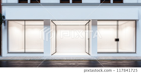 Frontal top view of the front of a modern and bright store in a shopping street of a city 117841725