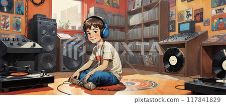 Illustrative image of a child sitting in a music room, enjoying and listening to music from a record player through headphones 117841829