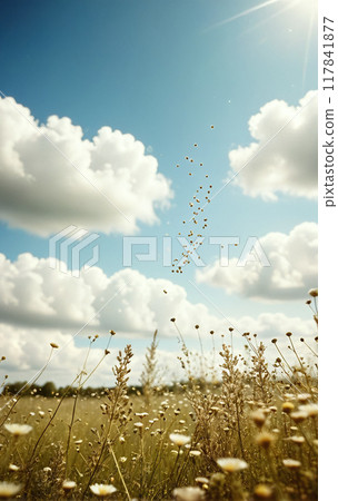 Pollen grains and pollen particles, which can trigger allergies, are transported by wind through the air in a meadow in spring - ai generated Pollen grains and pollen particles, which can trigger allergies, are transported by wind through the air in a meadow in spring - ai generated 117841877