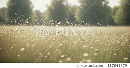 Pollen grains and pollen particles, which can trigger allergies, are transported by wind through the air in a meadow in spring - ai generated 117841879