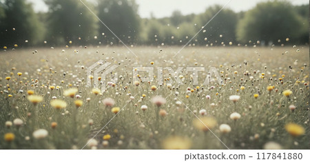 Pollen grains and pollen particles, which can trigger allergies, are transported by wind through the air in a meadow in spring - ai generated 117841880