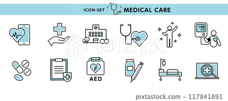 Design materials for medical icons and illustrations such as blood pressure, AED, hearing aids, syringes, and medicines 117841891