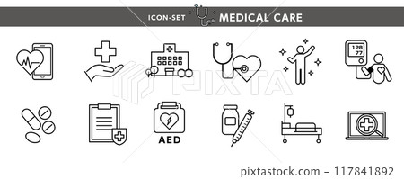 Design materials for medical icons and illustrations such as blood pressure, AED, hearing aids, syringes, and medicines Design materials for medical icons and illustrations such as blood pressure, AED, hearing aids, syringes, and medicines 117841892