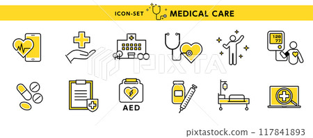 Design materials for medical icons and illustrations such as blood pressure, AED, hearing aids, syringes, and medicines Design materials for medical icons and illustrations such as blood pressure, AED, hearing aids, syringes, and medicines 117841893