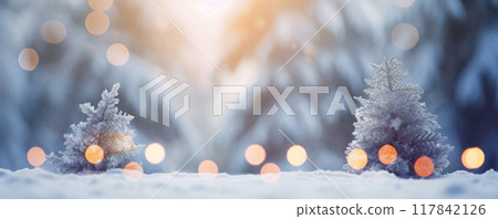 Snowy Christmas Tree Branch with Golden Ornament 117842126