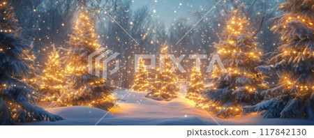 Frosted Evergreens with Warm Glow of Fairy Lights Frosted Evergreens with Warm Glow of Fairy Lights 117842130