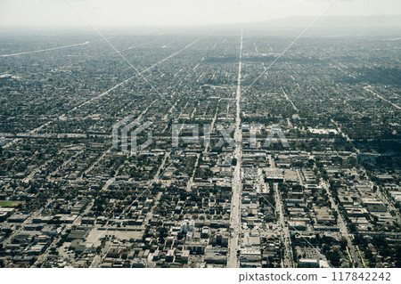 Aerial view of a Downtown Los Angeles  117842242