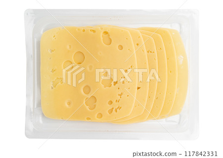 sliced cheese in plastic package isolated on white background sliced cheese in plastic package isolated on white background 117842331