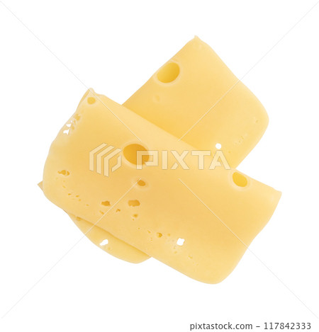 cheese cut into pieces isolated on white background 117842333