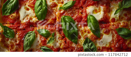 Close-Up of Fresh Margherita Pizza with Basil Leaves 117842712