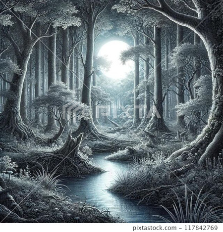 A quiet and mysterious forest and river illuminated by the full moon 117842769
