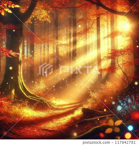 Golden autumn forest and warm morning sunlight Golden autumn forest and warm morning sunlight 117842781