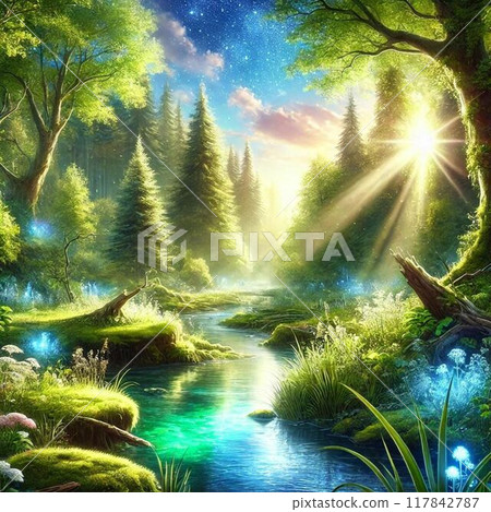 星空下的奇幻森林與河流風景 117842787