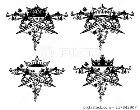 crossing swords, king crown and rose flowers black and white vector heraldic design set 117842907